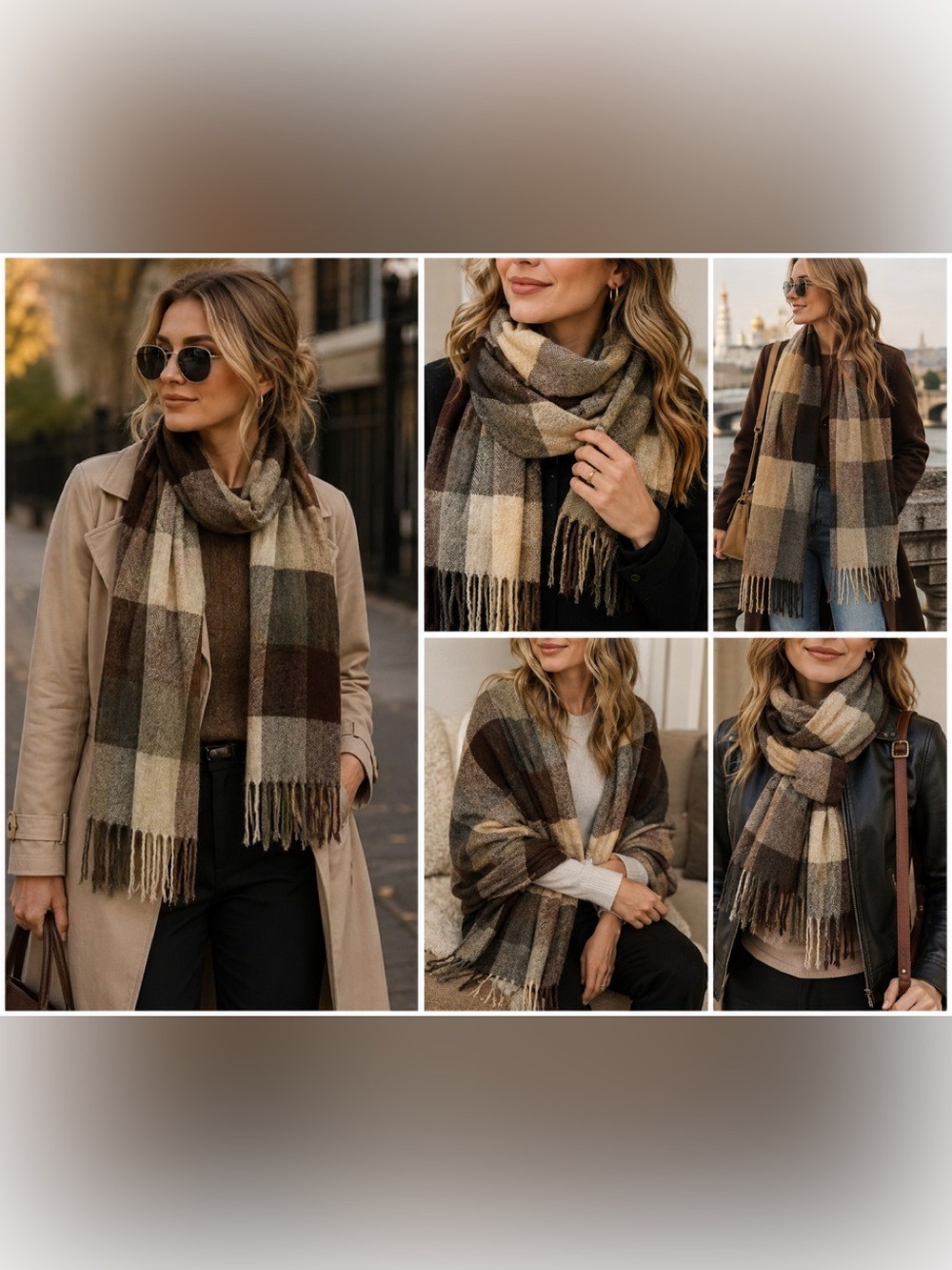 BROWN tan cream soft check square print multicoloured shade scarf